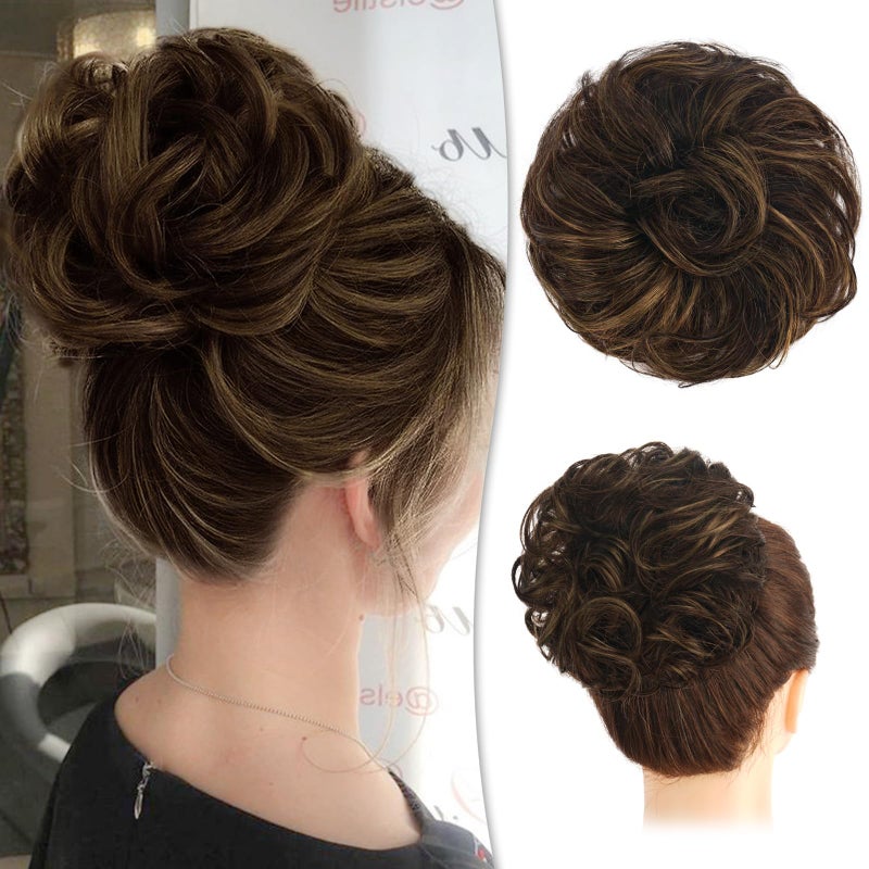 RUWISS Messy Bun Hair Piece Human Hair Messy Rose Bun Hair Buns Hair Piece for Women Real Hair Scrunchies Updo Hair Pieces Bun Extension Ponytail Messy Hair Bun Brown Mixed