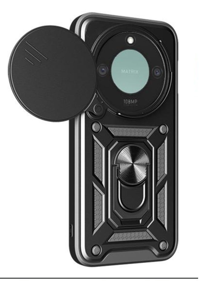 Case Cover Shockproof Protective Case with Camera Protection and Metal Ring Compatible with  Honor X9C Smart (Black)