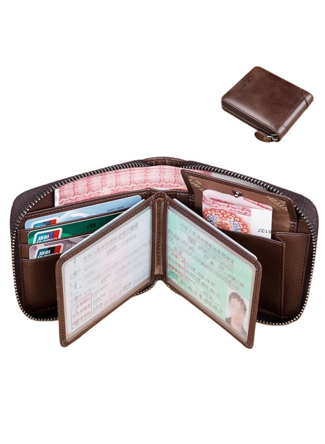 بانيانو محفظة قصيرة من الجلد الطبيعي ذات سعة كبيرة للرجال متعددة الوظائف من جلد البقر باللون البني بنمط الورقة المزدوجة - Image 1