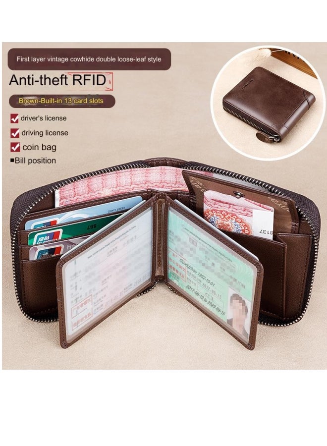 بانيانو محفظة قصيرة من الجلد الطبيعي ذات سعة كبيرة للرجال متعددة الوظائف من جلد البقر باللون البني بنمط الورقة المزدوجة - Image 2