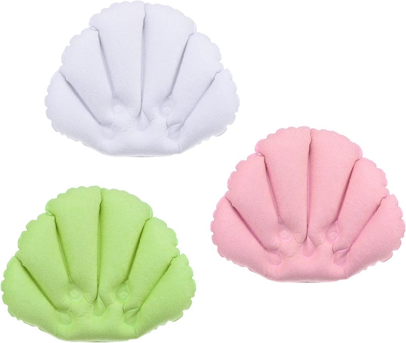 PATIKIL PATIKIL Inflatable Bath Pillow with Suction Cups, 3 Pack Terry Cloth Covered Shell Shape Bath Pillow Neck Support for Bathtub Hot Tub (Pink, White, Green) 
