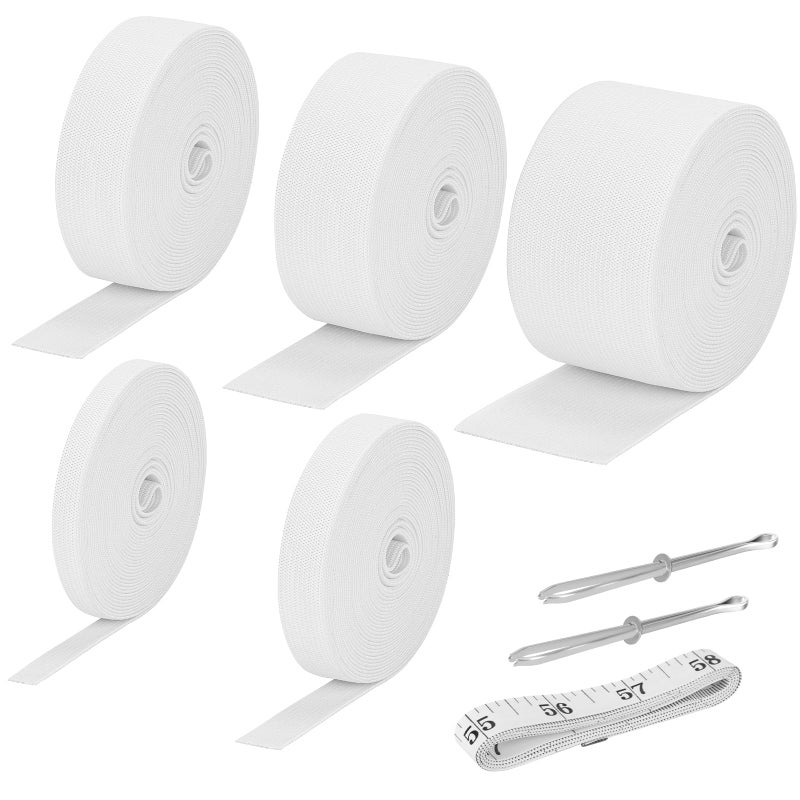 LUCKJUJU 5 Rolls Elastic Band for Sewing, White High Elasticity Knit Spool Band 0.4/0.6/1/1.5/2 Inch, 5.5 Yards/Roll with Sewing Clips & Tape Measure for Waistband Pants Dresses Swimwear Clothes Crafts DIY - Image 1