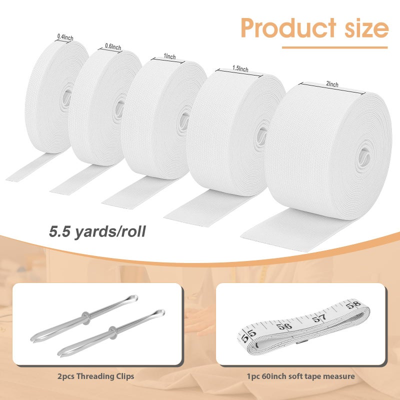 LUCKJUJU 5 Rolls Elastic Band for Sewing, White High Elasticity Knit Spool Band 0.4/0.6/1/1.5/2 Inch, 5.5 Yards/Roll with Sewing Clips & Tape Measure for Waistband Pants Dresses Swimwear Clothes Crafts DIY - Image 2