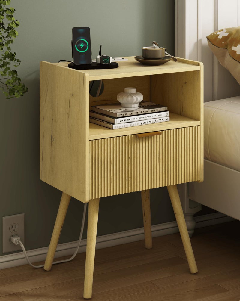 JOONEE Nightstand with Outlet,Modern Bedside Table with Storage Drawer and Open Wood Shelf, for Living Room, Bedroom and Small Spaces, Accent Night Stand with Solid Wood Legs, Easy Assembly,Yellow Oak - Image 1