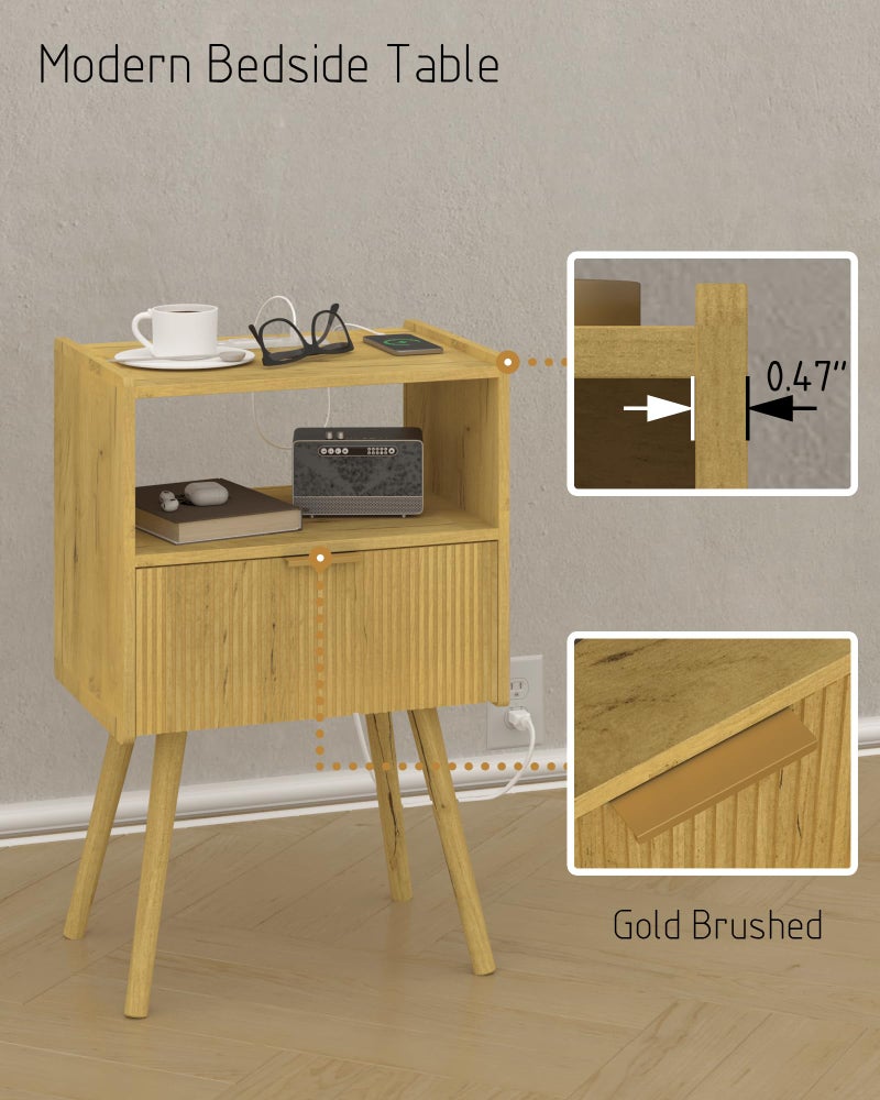 JOONEE Nightstand with Outlet,Modern Bedside Table with Storage Drawer and Open Wood Shelf, for Living Room, Bedroom and Small Spaces, Accent Night Stand with Solid Wood Legs, Easy Assembly,Yellow Oak - Image 5