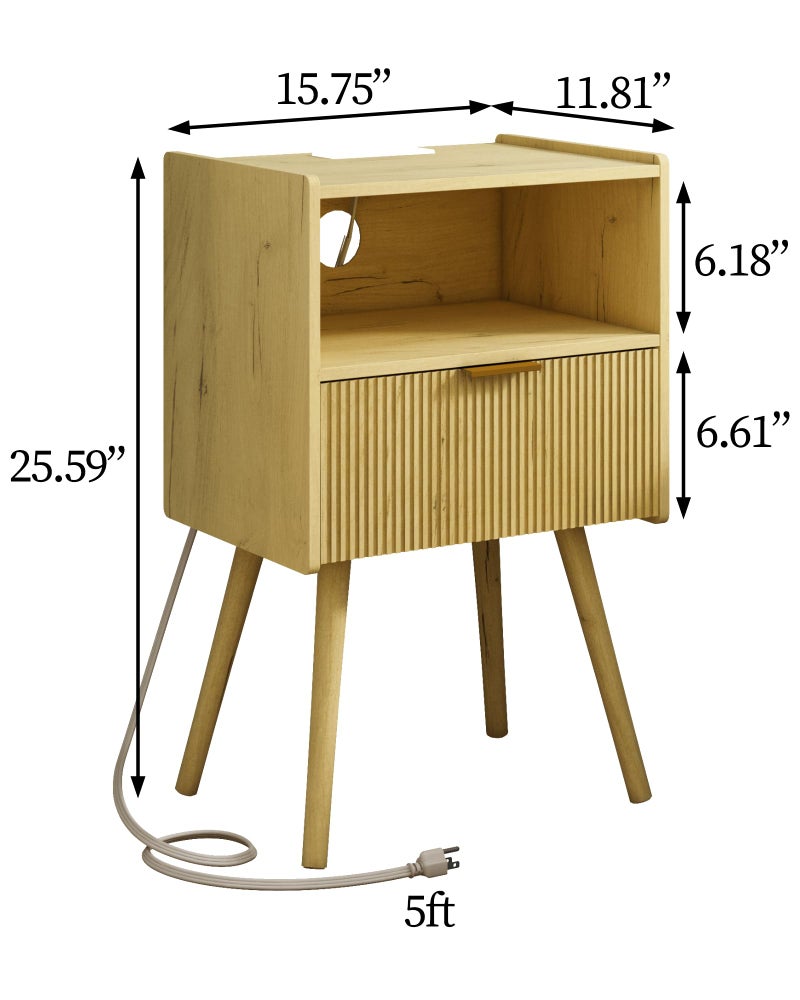 JOONEE Nightstand with Outlet,Modern Bedside Table with Storage Drawer and Open Wood Shelf, for Living Room, Bedroom and Small Spaces, Accent Night Stand with Solid Wood Legs, Easy Assembly,Yellow Oak - Image 3
