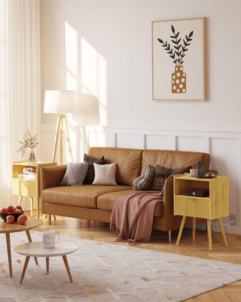 JOONEE Nightstand with Outlet,Modern Bedside Table with Storage Drawer and Open Wood Shelf, for Living Room, Bedroom and Small Spaces, Accent Night Stand with Solid Wood Legs, Easy Assembly,Yellow Oak - Image 2