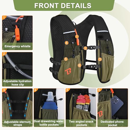 BECOJADDE Running Vest Hydration Backpack for Men Women 5L Lightweight Running Backpack Hydration Pack for Marathon Trail Cycling Hiking Jogging Olive Green - Image 3