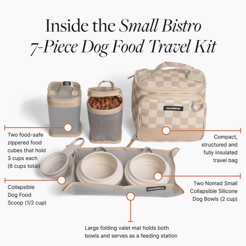 Cleverpup Small 7-Piece Bistro Box Dog Food Travel Kit, 6-Cup BPA-Free Kibble Storage, 2 Silicone Bowls, Mat & Scoop - Portable Pet Food Kit for Weekends, Overnights, Daycare & Camping, Checkerboard - Image 4