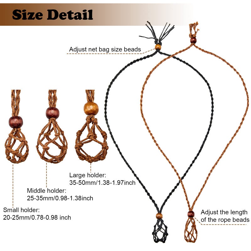 Hicarer 6 Pieces D20 Necklace Cord Empty Stone Holder Empty Necklace Holder Quartz Crystal Stone Cord, 3 Sizes Adjustable Cage Fish Netted for DIY Jewelry Making(Black,Brown) - Image 2