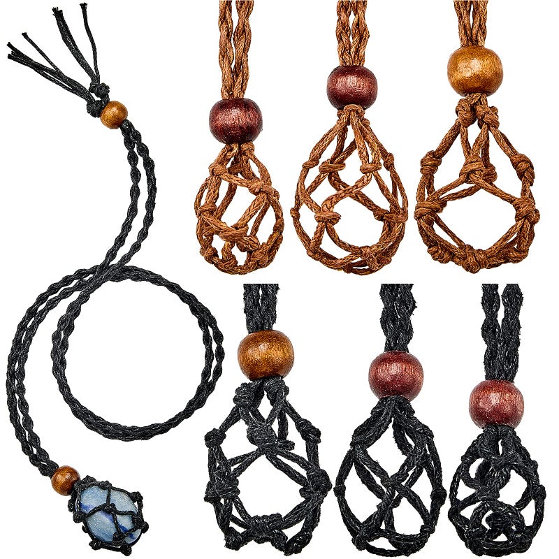 Hicarer 6 Pieces D20 Necklace Cord Empty Stone Holder Empty Necklace Holder Quartz Crystal Stone Cord, 3 Sizes Adjustable Cage Fish Netted for DIY Jewelry Making(Black,Brown) - Image 1