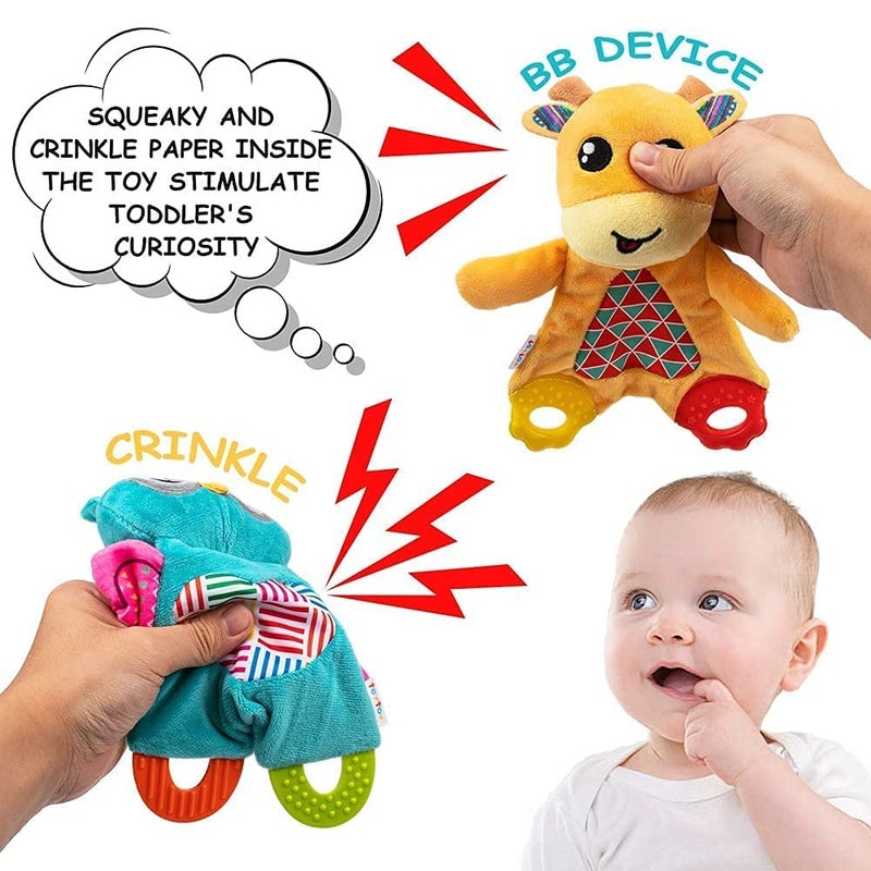 teytoy 2 Pcs Crinkle Toys for Baby with Teether Baby Teething Sensory Toys Newborn Bib Saliva Soother Towel Soft Snuggle Sleeping Security Blanket for Unisex Babies 036 Months GiftsOwl and Deer - Image 2