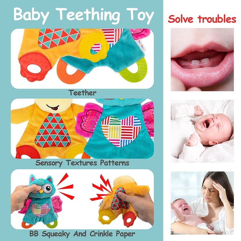 teytoy 2 Pcs Crinkle Toys for Baby with Teether Baby Teething Sensory Toys Newborn Bib Saliva Soother Towel Soft Snuggle Sleeping Security Blanket for Unisex Babies 036 Months GiftsOwl and Deer - Image 5