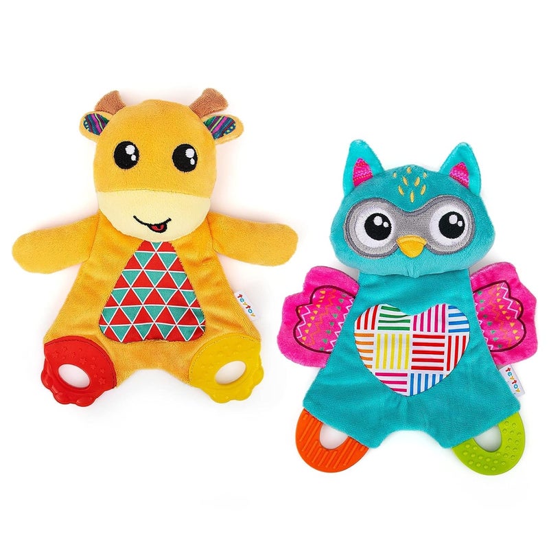 teytoy 2 Pcs Crinkle Toys for Baby with Teether Baby Teething Sensory Toys Newborn Bib Saliva Soother Towel Soft Snuggle Sleeping Security Blanket for Unisex Babies 036 Months GiftsOwl and Deer - Image 1