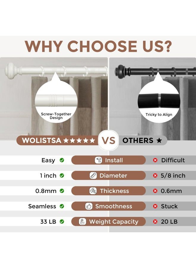 Wolistsa White Curtain Rods for Windows 66 to 120 Inch, Boho Vintage Decorative 1'' Diameter Long Rustic Curtain Rod, Adjustable Heavy Duty Farmhouse Drapery Pole Set with Antique White Grain Finials - Image 4