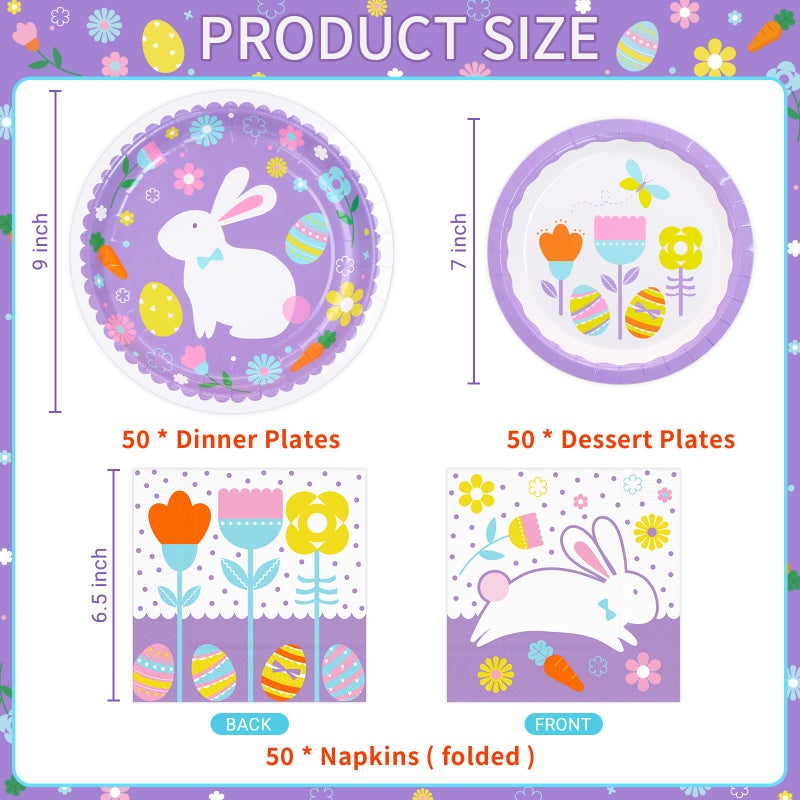 DYLIVeS Happy Easter Party Supplies 150 Count  Easter Bunny Disposable Tableware Set 9"" Paper Plates 7"" Dessert Plates and 3 Ply Luncheon Napkins for Hip Hop Easter Party Decorations  Serve 50 - Image 1