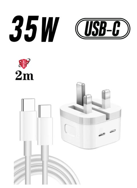 PD 35W Dual USB-C / Type-C Ports Charger with 2m Type-C to Type-C Data Cable, UK Plug