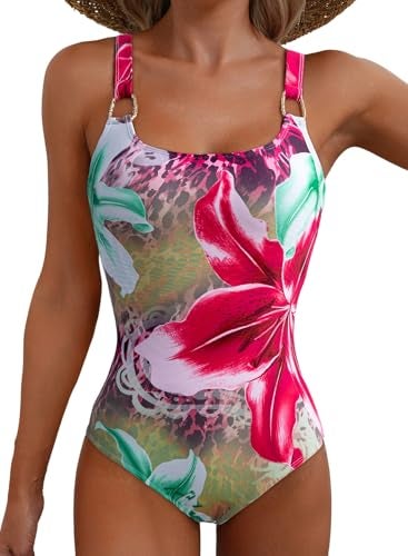 Herseas Women's Metal Ring Wide Straps One Piece Swimsuits Padded Stretchy Floral Print Tummy Control Bathing Suit Casual Beach Outfits for 2026 Summer Medium - Image 1