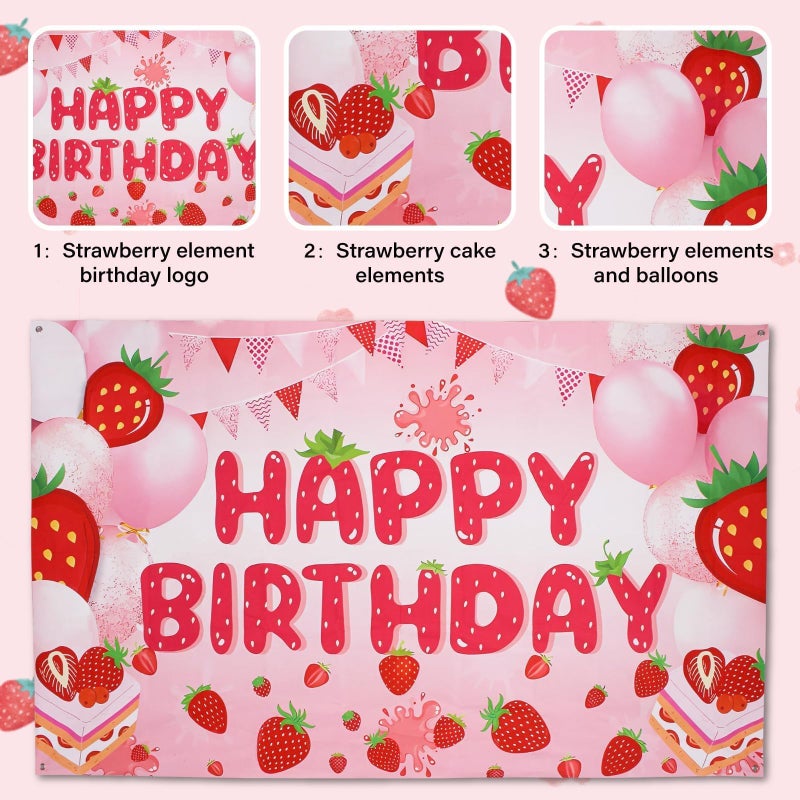 Aufee Strawberry Shortcake Birthday Banner, Pink Strawberry Themed Happy Birthday Party Backdrop, Cute Birthday Background Party Supplies for Girls, Boys, Adults, Birthday Party, Indoor & Outdoor Decoration - Image 5