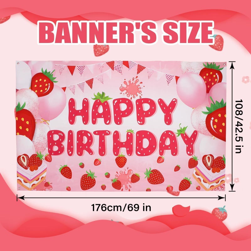 Aufee Strawberry Shortcake Birthday Banner, Pink Strawberry Themed Happy Birthday Party Backdrop, Cute Birthday Background Party Supplies for Girls, Boys, Adults, Birthday Party, Indoor & Outdoor Decoration - Image 2