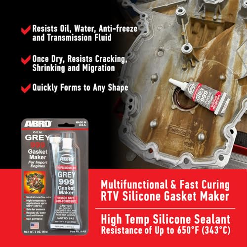 Abro أبرو 999 مادة لاصقة سيليكون RTV وصانع حشوات - 650 درجة فهرنهايت، محدد من قبل الشركات المصنعة، آمن للمستشعرات، غير تآكل، مادة لاصقة سيليكون عالية الحرارة/لاصق حشوة رأس محايد، رائحة منخفضة، 3 أونصات - رمادي - Image 5