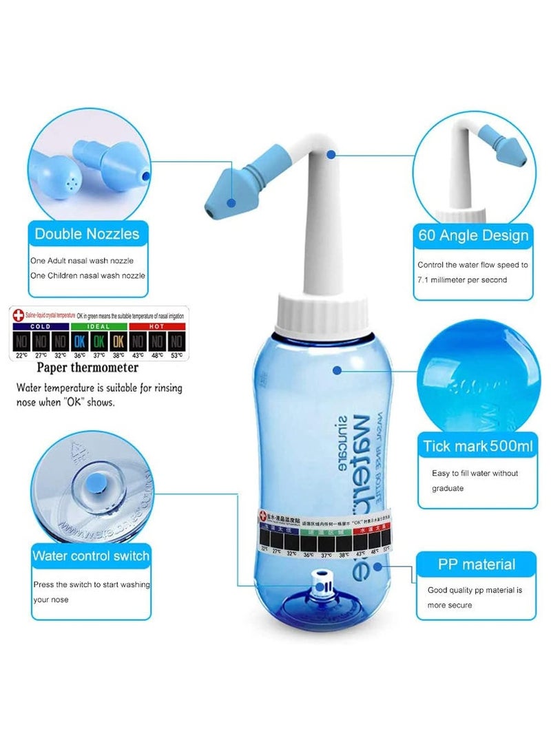 Neti Pot Sinus Rinse Bottle 500 ML, Nose Wash Cleaner Pressure Rinse Nasal Irrigation for Adult & Kid BPA Free with Sticker Thermometer (500ml) - Image 4