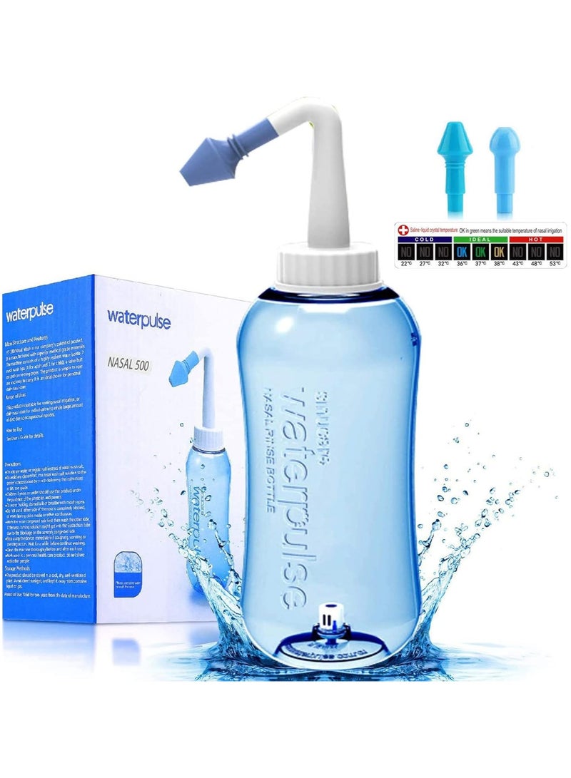 Neti Pot Sinus Rinse Bottle 500 ML, Nose Wash Cleaner Pressure Rinse Nasal Irrigation for Adult & Kid BPA Free with Sticker Thermometer (500ml) - Image 1