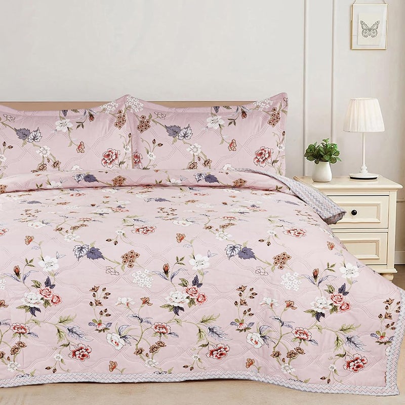 BSB HOME All-Weather Embroidered Ultrasonic Quilted 3 Pcs Comforter Set with Pillow Shams- Light Weight Bedspread/Duvet/Quilt - Double, 150 GSM | Floral White Light Pink - Image 1