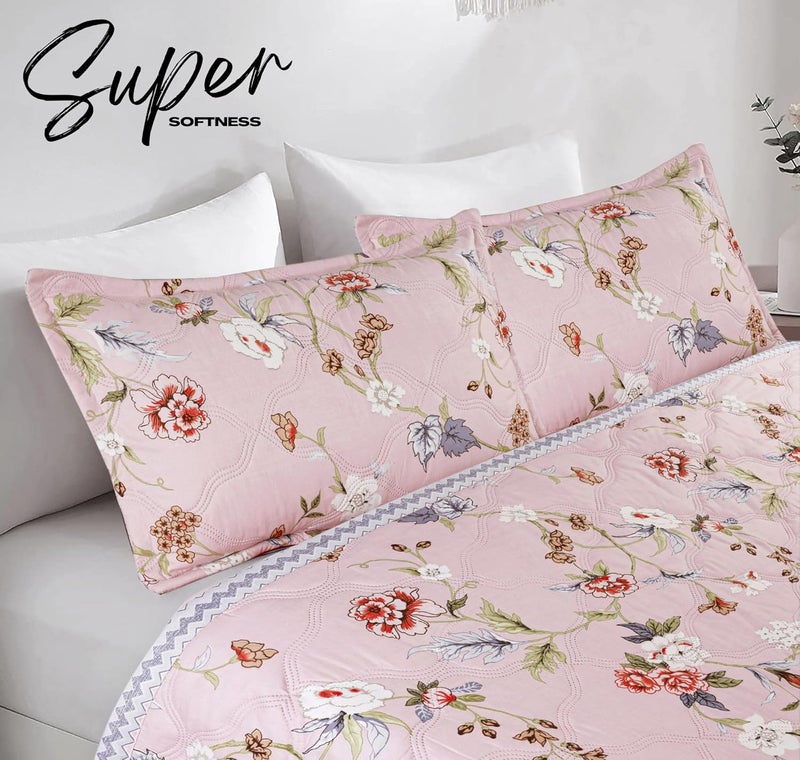 BSB HOME All-Weather Embroidered Ultrasonic Quilted 3 Pcs Comforter Set with Pillow Shams- Light Weight Bedspread/Duvet/Quilt - Double, 150 GSM | Floral White Light Pink - Image 4