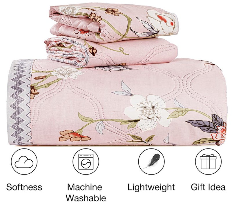 BSB HOME All-Weather Embroidered Ultrasonic Quilted 3 Pcs Comforter Set with Pillow Shams- Light Weight Bedspread/Duvet/Quilt - Double, 150 GSM | Floral White Light Pink - Image 2