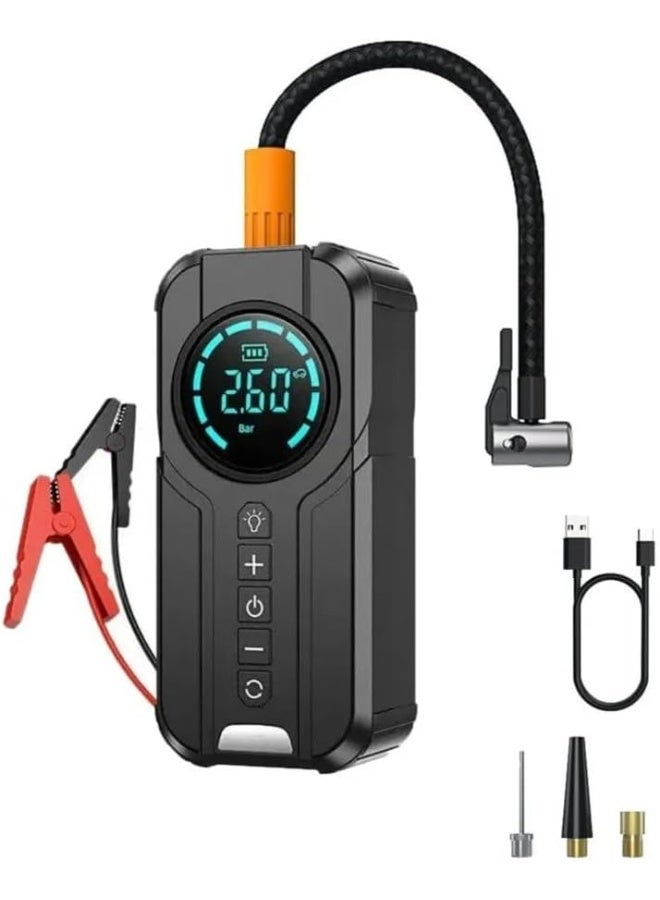 Portable wireless car battery jump starter, 8000mAh capacity, tire air pump, air compressor for easy tire inflation, LED display, with flashlight, portable power source, large storage capacity - Image 1