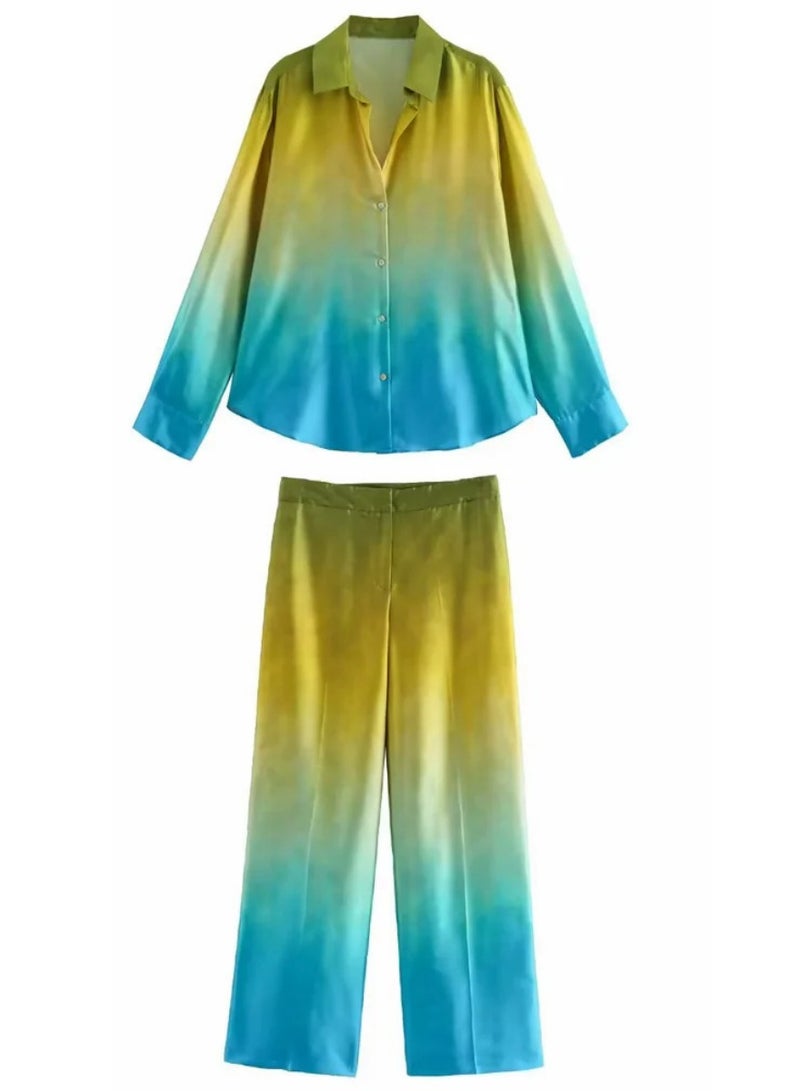 Shougu New Tie Dye Printed Silk Satin Textured Shirt Straight Leg Pants Set - Image 1