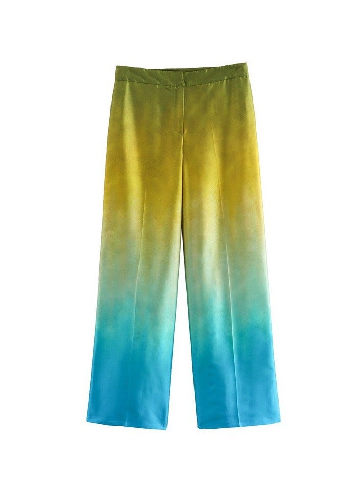Shougu New Tie Dye Printed Silk Satin Textured Shirt Straight Leg Pants Set - Image 3