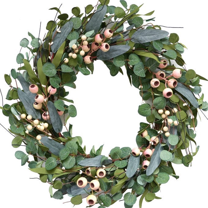 20IN ARTIFICIAL EUCALYPTUS LEAVES WREATH WITH WHITE BERRIES ALL SEASONS HOME DECOR