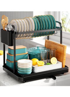 AMROAH Stainless Steel 2-Tier Dish Drying Rack with Cutlery Holder & Drainage Drainboard, Large Capacity Storage Dish Rack Kitchen Counter Organizer for Utensil Plate Spoon Fork Knife Pot  - Image 1