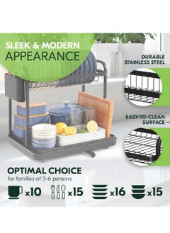 AMROAH Stainless Steel 2-Tier Dish Drying Rack with Cutlery Holder & Drainage Drainboard, Large Capacity Storage Dish Rack Kitchen Counter Organizer for Utensil Plate Spoon Fork Knife Pot  - Image 5