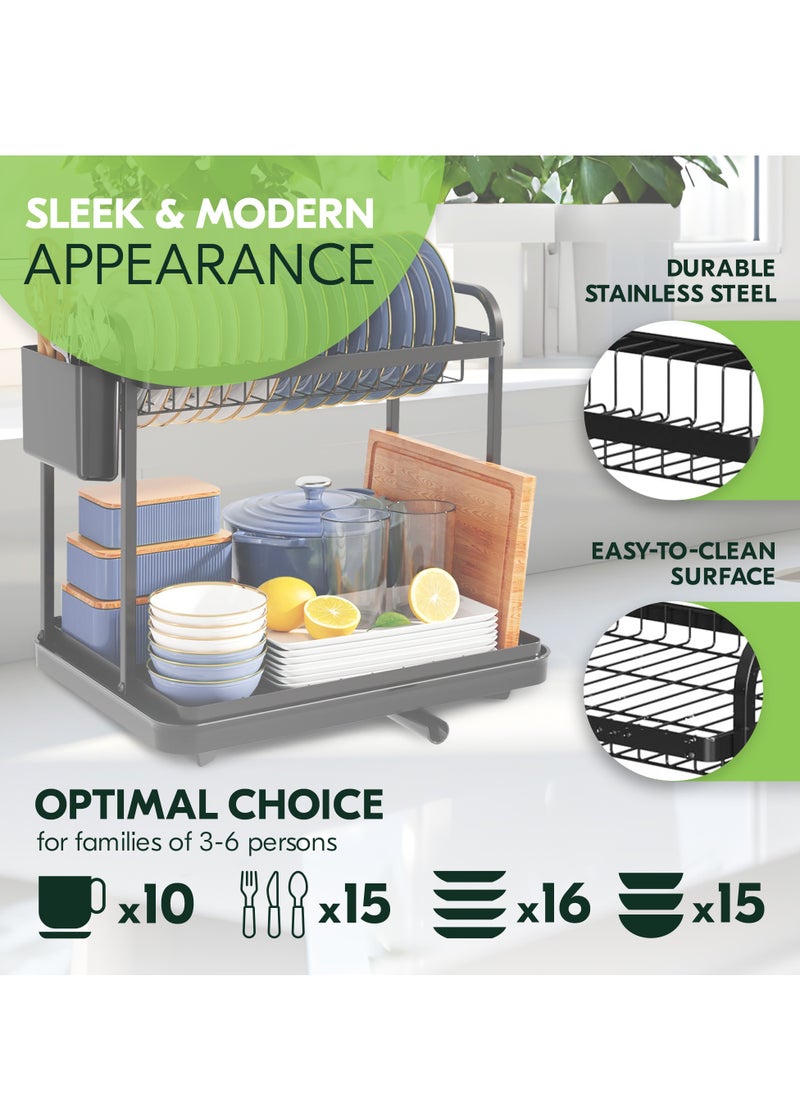 AMROAH Stainless Steel 2-Tier Dish Drying Rack with Cutlery Holder & Drainage Drainboard, Large Capacity Storage Dish Rack Kitchen Counter Organizer for Utensil Plate Spoon Fork Knife Pot  - Image 5
