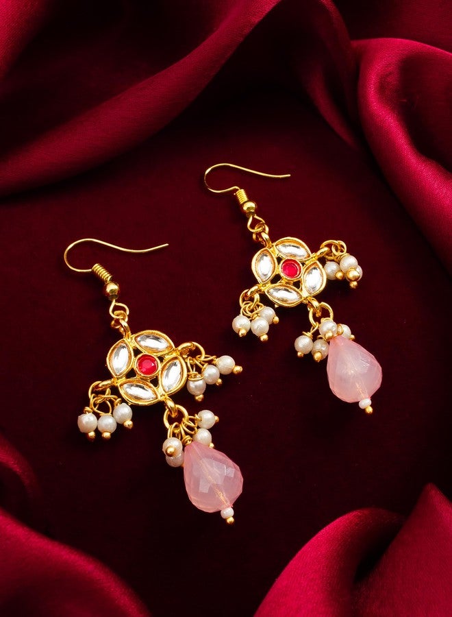 BEVOGUE Traditional Drop Earrings Set, Gold Plated Brass with Pearl and Artificial Stones, 4 Colour Combo - Image 5