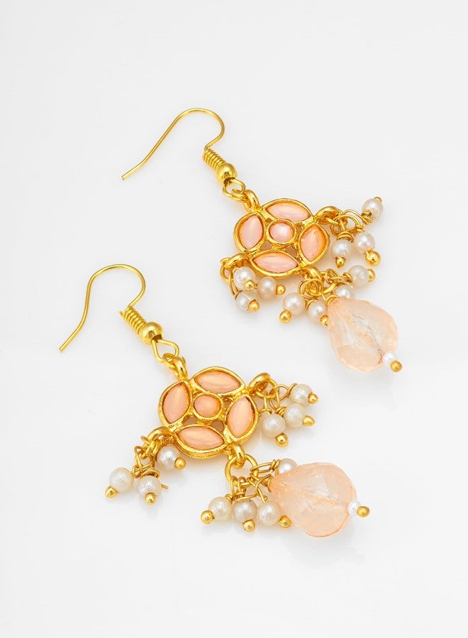 BEVOGUE Traditional Drop Earrings Set, Gold Plated Brass with Pearl and Artificial Stones, 4 Colour Combo - Image 2