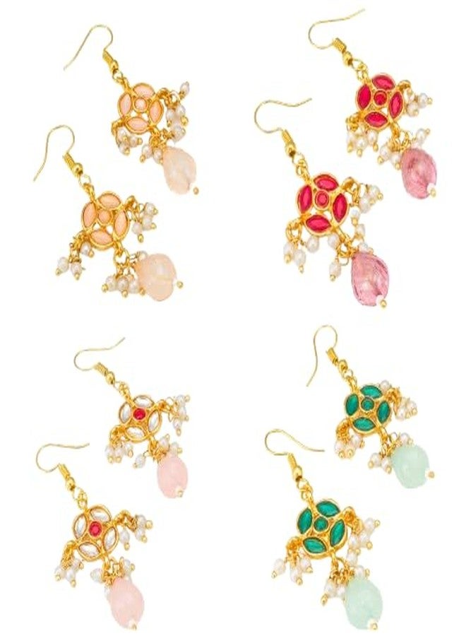BEVOGUE Traditional Drop Earrings Set, Gold Plated Brass with Pearl and Artificial Stones, 4 Colour Combo - Image 1
