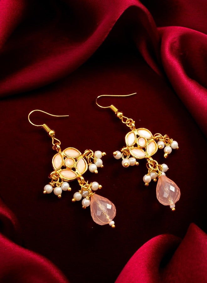 BEVOGUE Traditional Drop Earrings Set, Gold Plated Brass with Pearl and Artificial Stones, 4 Colour Combo - Image 3