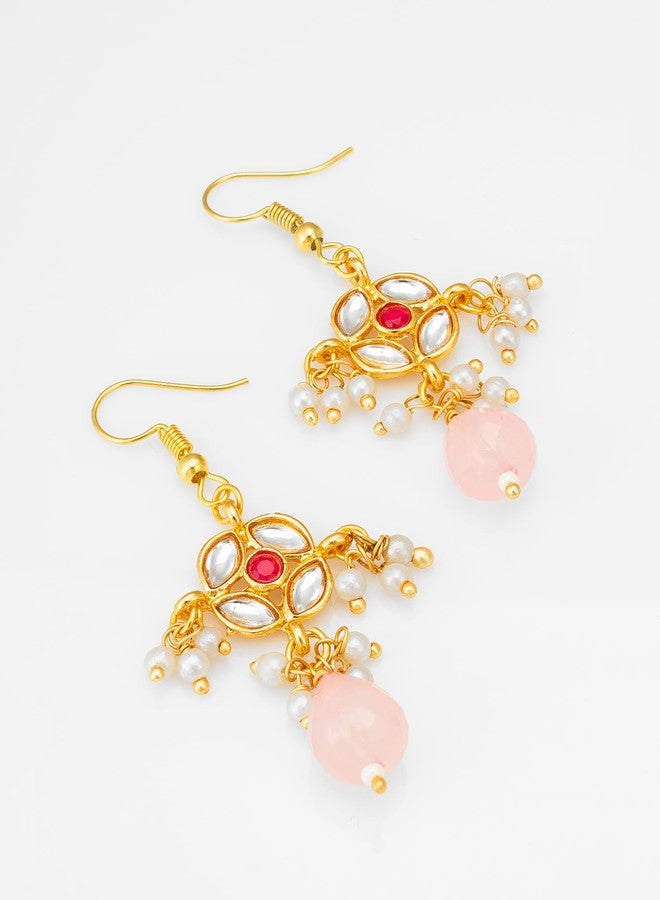 BEVOGUE Traditional Drop Earrings Set, Gold Plated Brass with Pearl and Artificial Stones, 4 Colour Combo - Image 4