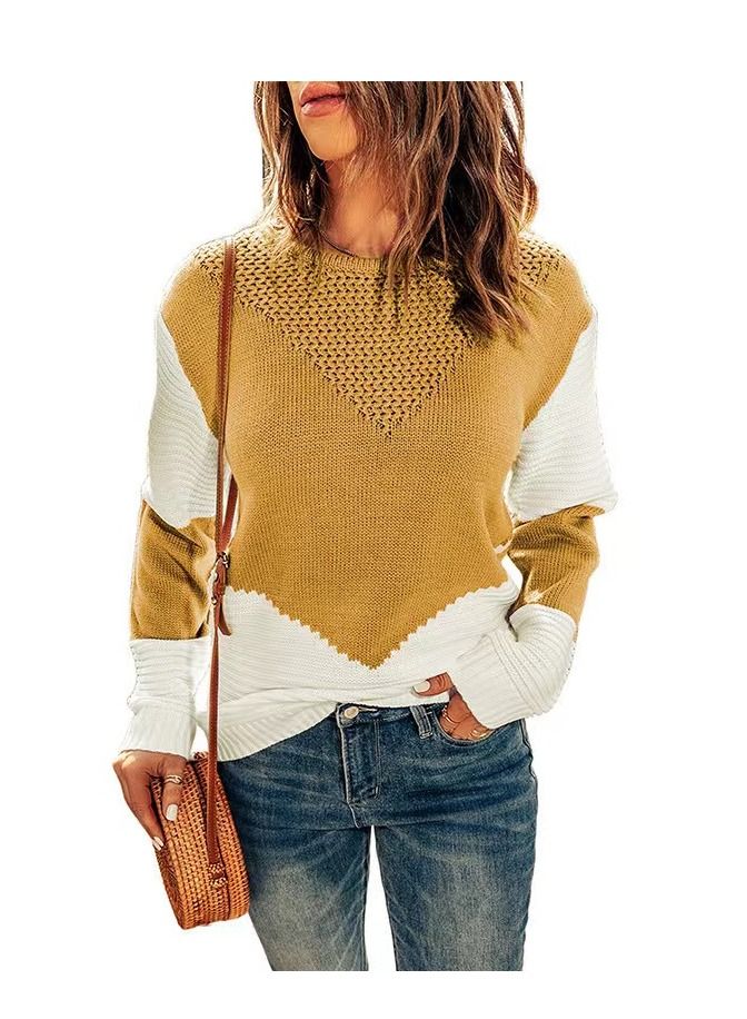 Loquat Women's Autumn And Winter New Round Neck Contrast Color Sweater 