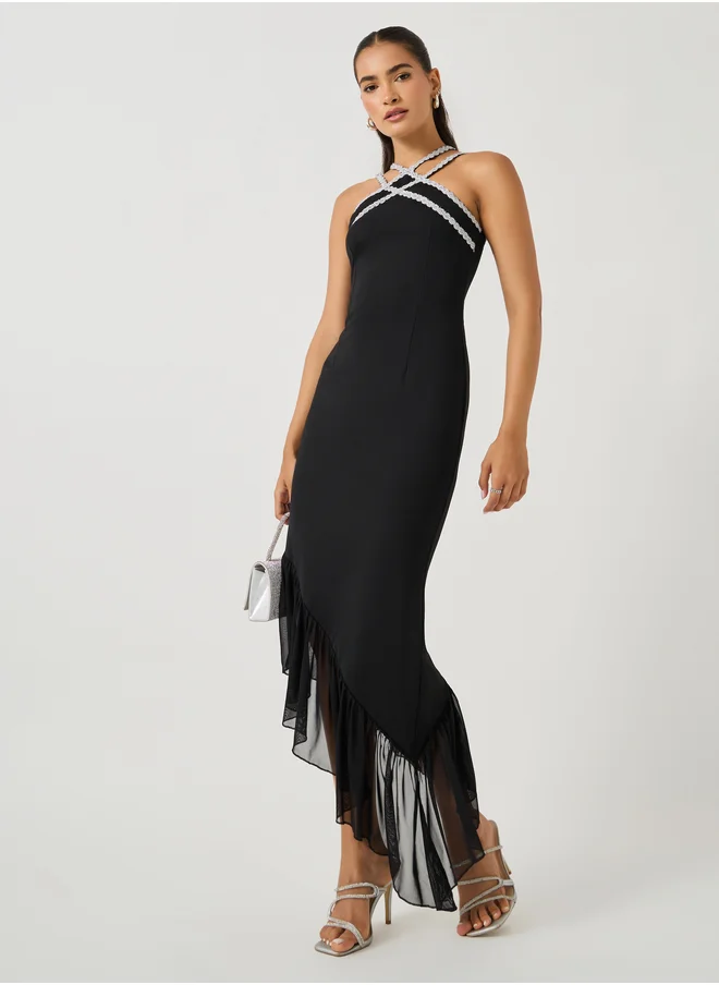 Styli Lace Detail Halter Neck Asymmetric Hem Bodycon Maxi Dress