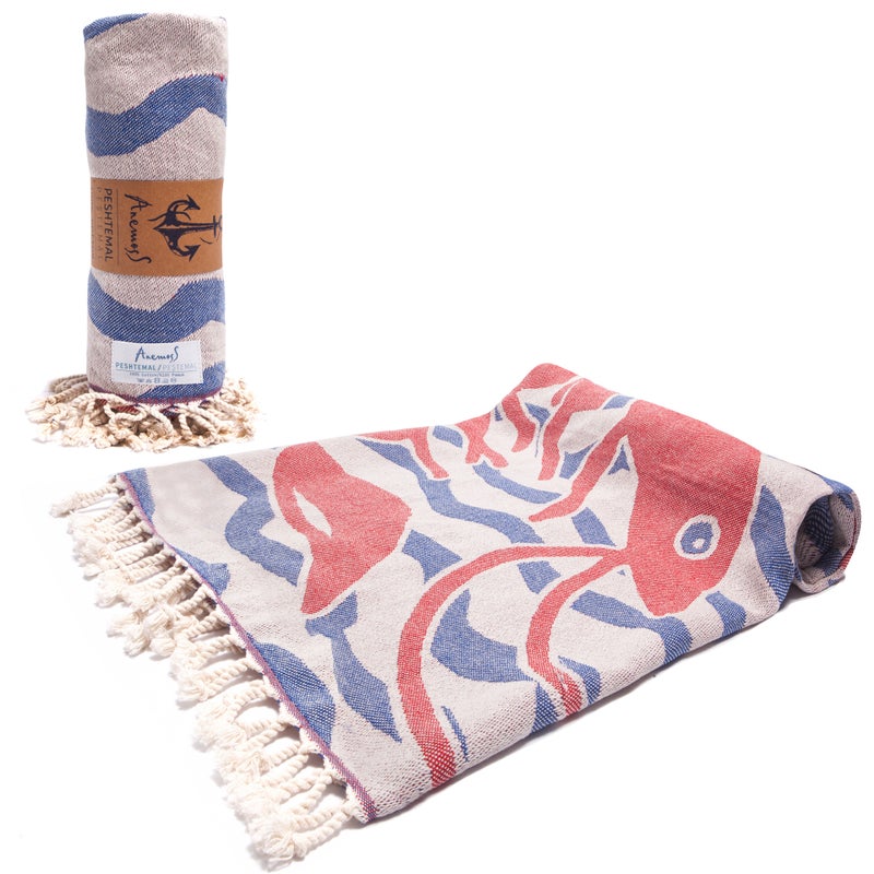 Anemoss Turkish Peshtemal Bath Towel, Large Size 100x180cm, Shrimp Pattern Design, 100% Cotton Soft & Quick Dry Material, Versatile Use for Beach, Pool and Bath, Peshtemal Bath Towel - Image 2