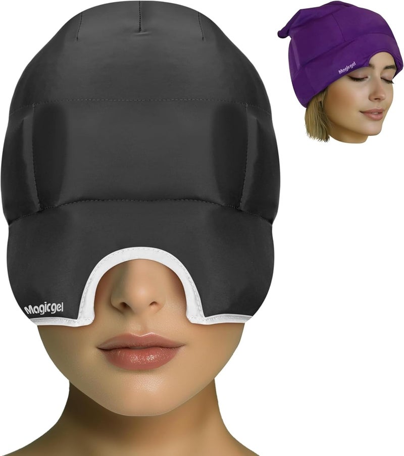 Magic Gel Migraine Ice Head Wrap | Real Migraine & Headache Relief | The Original Headache Cap | Cold, Comfortable, Dark & Cool; Endorsed by Physicians, Loved by Thousands - (2 Pack, Black & Purple)