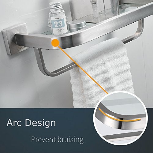 BESy رف زجاجي للحمام BESy مع قضيب ومعلق للمنشفة، مثبت على الحائط مع براغي، رف تخزين من الفولاذ المقاوم للصدأ SUS304، قاعدة مربعة، تشطيب نيكل مصقول - Image 4