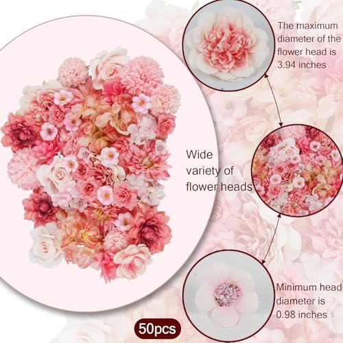 CITYES 50 Pcs Artificial Flowers Heads Faux Daisy Flower Garland Heads Pink Small Fake Peony Rose Flowers Bulk Mini Silk Daisy Flower for Craft Wedding Party DIY Wreath Graduation Cap Home Decoration - Image 2