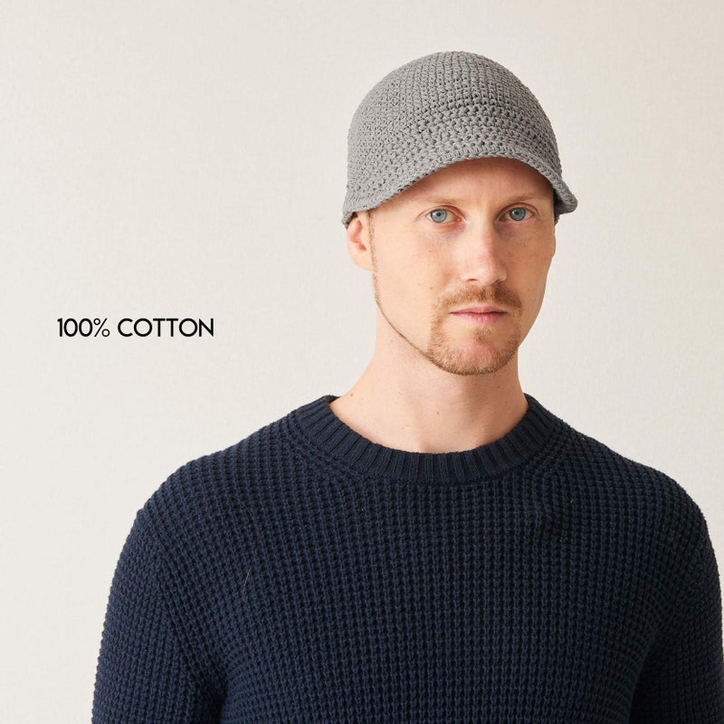 CHARM Mens Kufi Beanie Hat - Billed Skull Cap 100% Cotton Crochet Chemo Hat Womens Sensitive Skin Casualbox Gray - Image 4