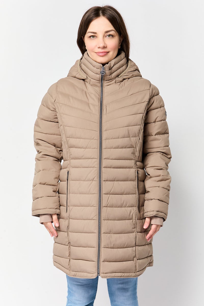 Michael Kors Women Quilted Puffer Jacket, Taupe - Image 1